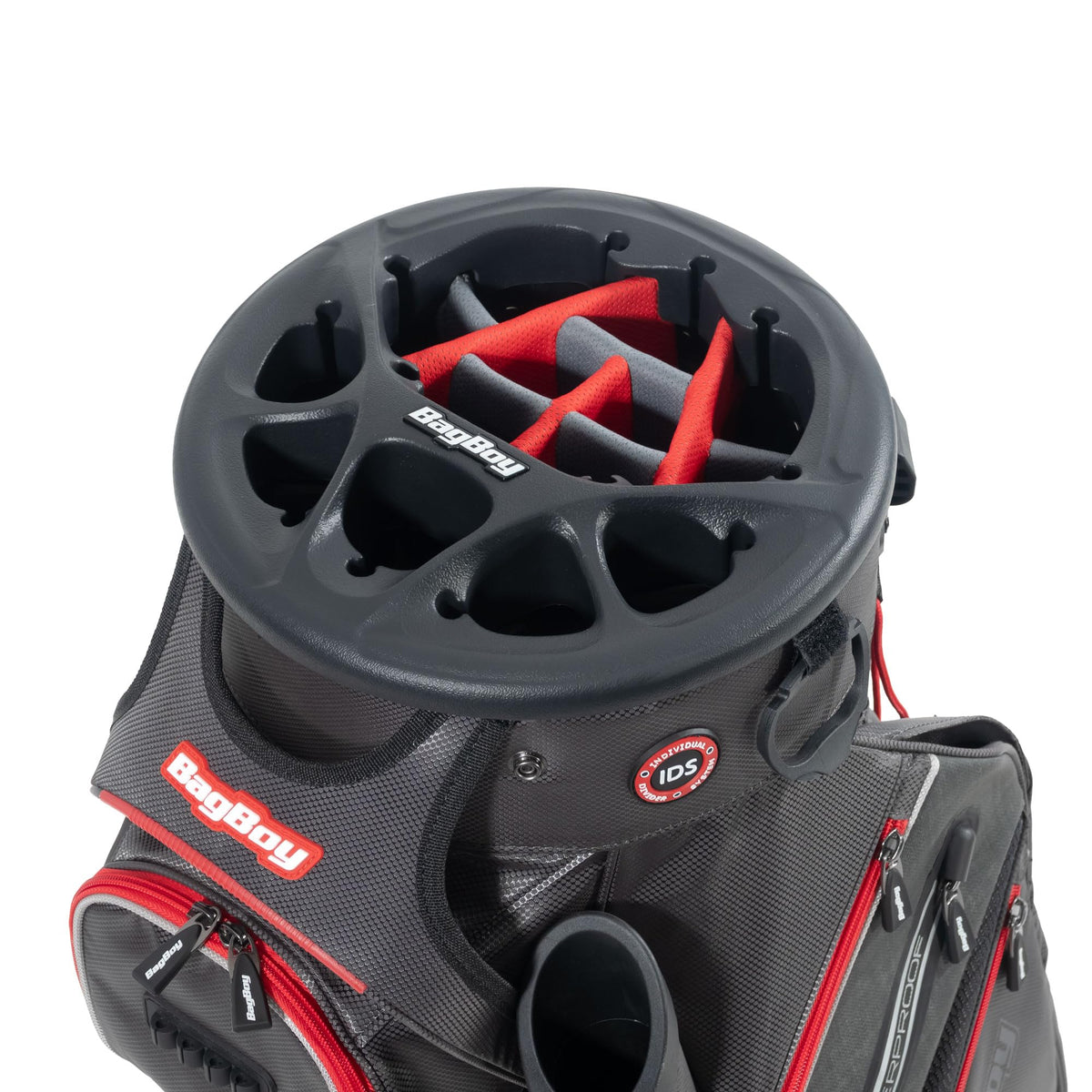 Bag Boy Revolver XP Golf Cart Bag, 14 Way 360⁰ Rotating Top with Full Length Individual Dividers, External Putter Tube, 9 Pockets, Navy/Charcoal/White